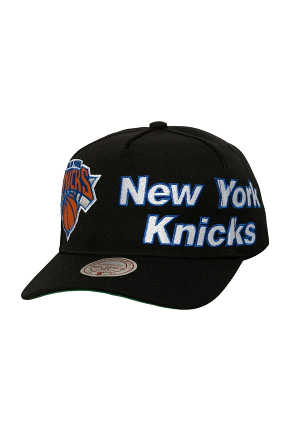 Men's Mitchell & Ness  Black New York Knicks Busted Logo Wordmark Wrap-Around Pro Pinch Adjustable Hat