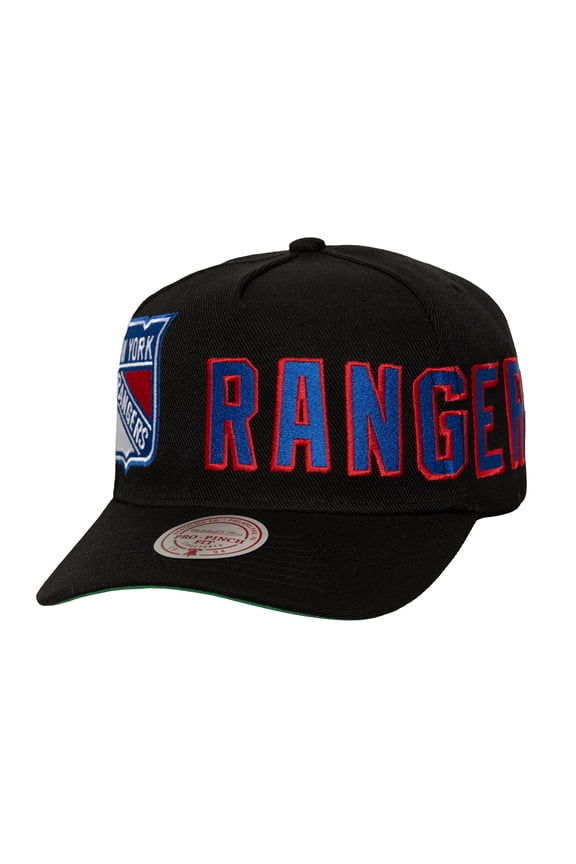 Men's Mitchell & Ness Black New York Rangers Busted Logo Wordmark Wrap-Around Pro Pinch Adjustable Hat