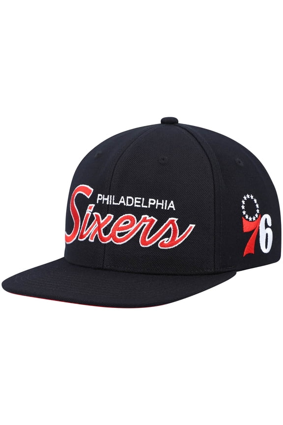 Men's Mitchell & Ness Black Philadelphia 76ers Hardwood Classics Script 2.0 Snapback Hat