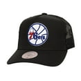 thumbnail image 1 of Men's Mitchell & Ness Black Philadelphia 76ers Monogram Allover Logo Mesh Trucker Adjustable Hat, 1 of 4