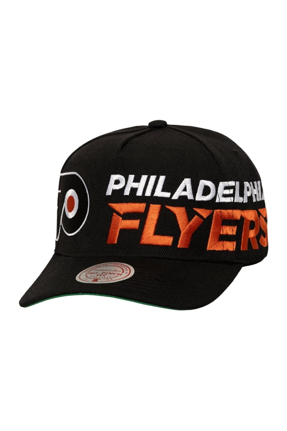 Men's Mitchell & Ness Black Philadelphia Flyers Busted Logo Wordmark Wrap-Around Pro Pinch Adjustable Hat