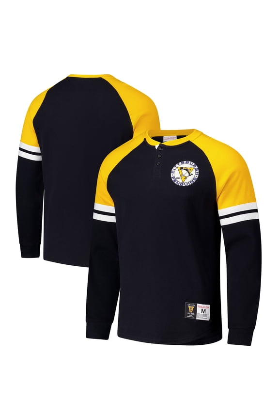Men's Mitchell & Ness  Black Pittsburgh Penguins Thermal Henley Long Sleeve T-Shirt
