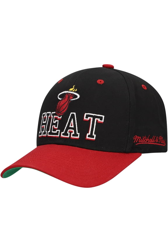 Men's Mitchell & Ness Black/Red Miami Heat Backside Script Two-Tone Pro Crown Adjustable Hat