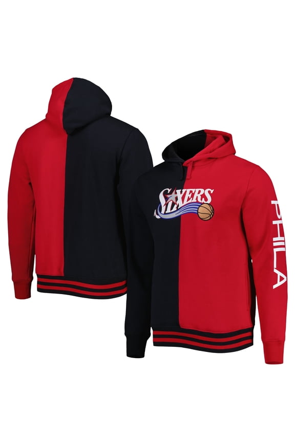 Men's Mitchell & Ness Black/Red Philadelphia 76ers Hardwood Classics Split Pullover Hoodie