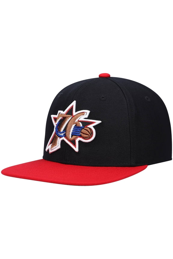 Men's Mitchell & Ness Black/Red Philadelphia 76ers Hardwood Classics Team Two-Tone 2.0 Snapback Hat