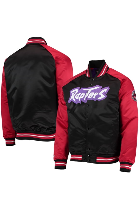 Men's Mitchell & Ness Black/Red Toronto Raptors Hardwood Classics Reload 3.0 Raglan Full-Snap Satin Jacket