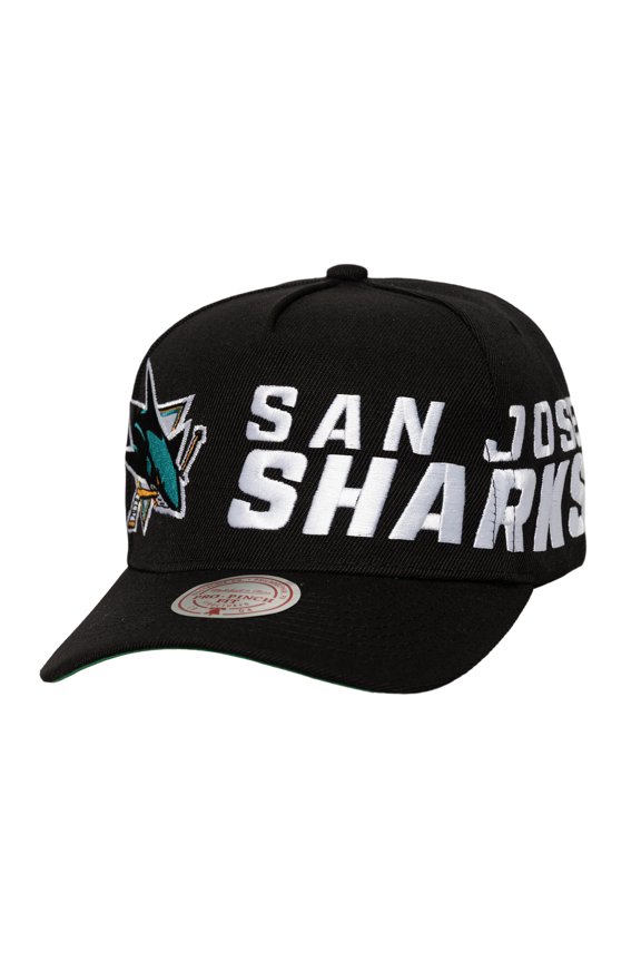 Men's Mitchell & Ness Black San Jose Sharks Busted Logo Wordmark Wrap-Around Pro Pinch Adjustable Hat