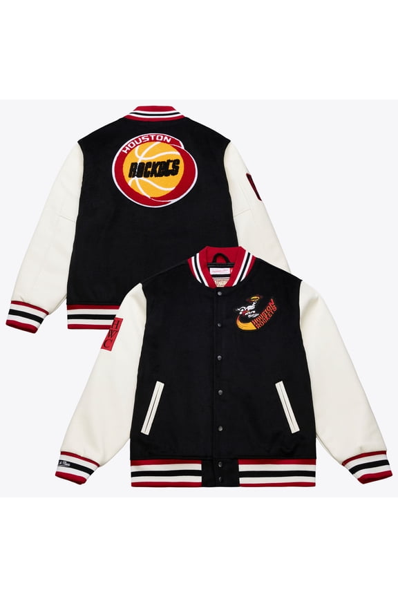 Men's Mitchell & Ness Black/White Houston Rockets Hardwood Classics Off Day Full-Snap Varsity Jacket