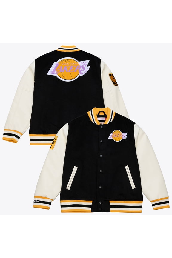 Men's Mitchell & Ness  Black/White Los Angeles Lakers Hardwood Classics Off Day Full-Snap Varsity Jacket