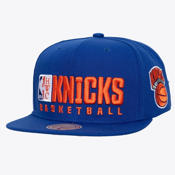 Men's Mitchell & Ness Blue New York Knicks Hardwood Classics Old School Stacked Text Snapback Hat