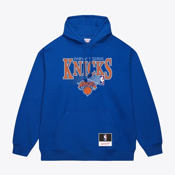 Men's Mitchell & Ness Blue New York Knicks Team Name Stack & Logo Hoodie