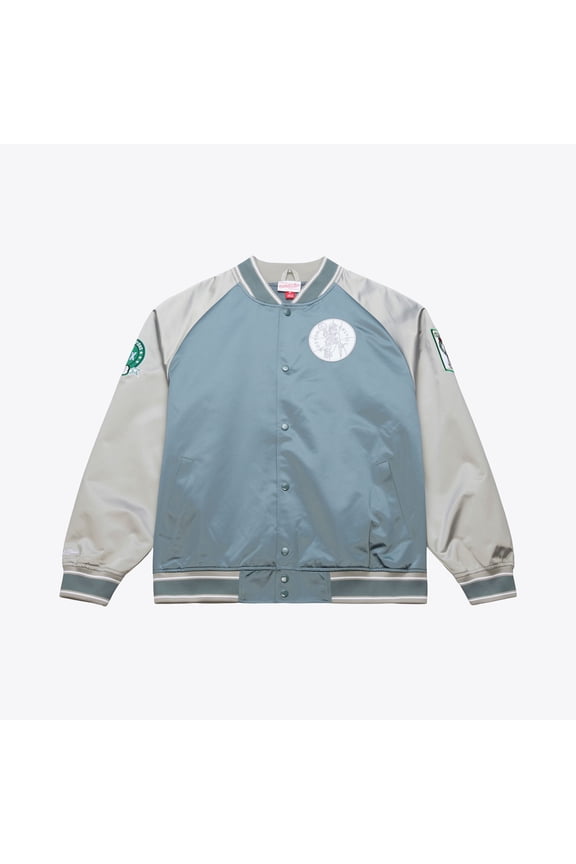 Men's Mitchell & Ness Blue/Silver Boston Celtics Thunderstorm Lightweight Satin Full-Snap Jacket