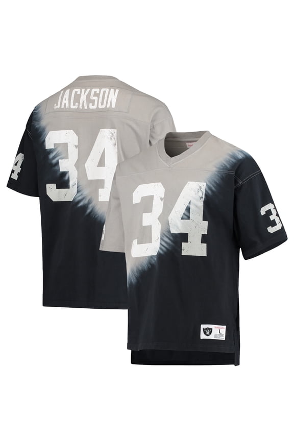 Men's Mitchell & Ness Bo Jackson Black/Silver Las Vegas Raiders Retired Player Name & Number Diagonal Tie-Dye V-Neck