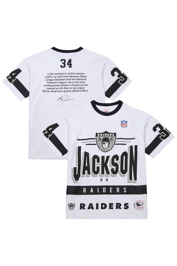 Men's-Mitchell & Ness Bo Jackson White Las Vegas Raiders Name & Number Team Origins Vintage Logo T-Shirt