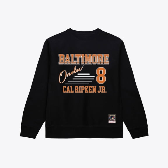 Men's Mitchell & Ness Cal Ripken Jr. Black Baltimore Orioles Stripes Name & Number Crewneck Sweatshirt