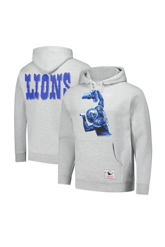 Men's Mitchell & Ness Calvin Johnson Heather Gray Detroit Lions Hall of Fame Player Graphic Pullover Hoodie