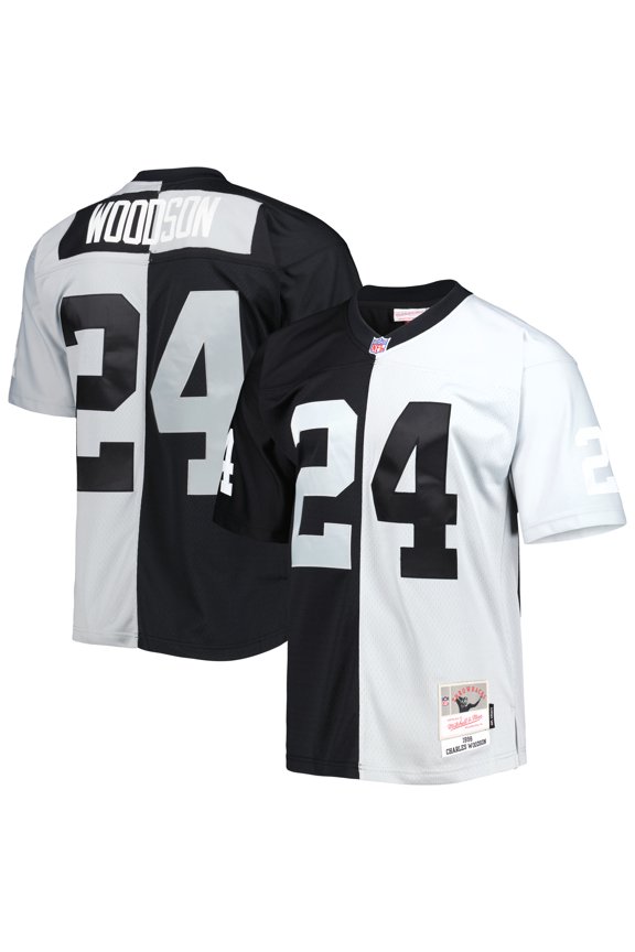 Men's Mitchell & Ness Charles Woodson Black/Silver Las Vegas Raiders 1998 Split Legacy Replica Jersey