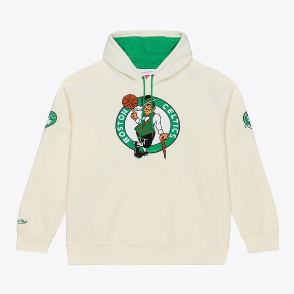 Men's Mitchell & Ness Cream Boston Celtics Hardwood Classics Chainstitch Premium Fleece Hoodie