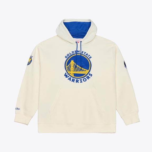 Men's Mitchell & Ness Cream Golden State Warriors Hardwood Classics Chainstitch Premium Fleece Hoodie