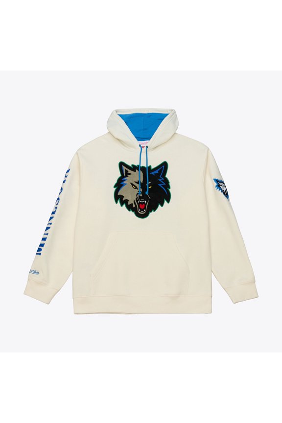 Men's Mitchell & Ness Cream Minnesota Timberwolves Hardwood Classics Chainstitch Premium Fleece Hoodie