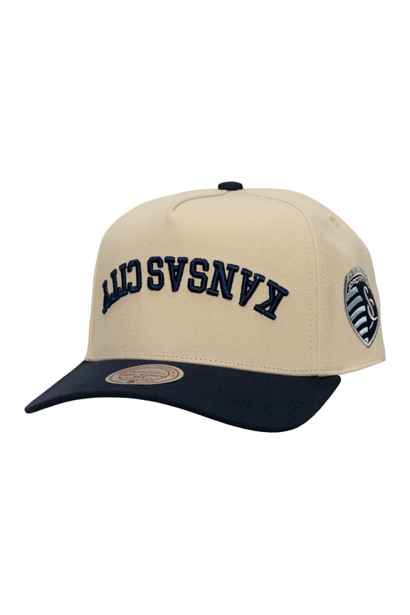 Men's Mitchell & Ness Cream/Navy Sporting Kansas City Upside Down Pro Pinch Snapback Hat