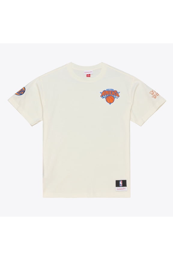 Men's Mitchell & Ness Cream New York Knicks Hardwood Classics Chainstitch Premium T-Shirt