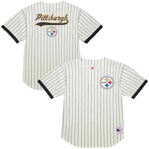 Men's-Mitchell & Ness Cream Pittsburgh Steelers Final Seconds Vintage Logo Mesh Button-Up Shirt