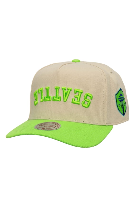 Men's Mitchell & Ness  Cream/Rave Green Seattle Sounders FC Upside Down Pro Pinch Snapback Hat