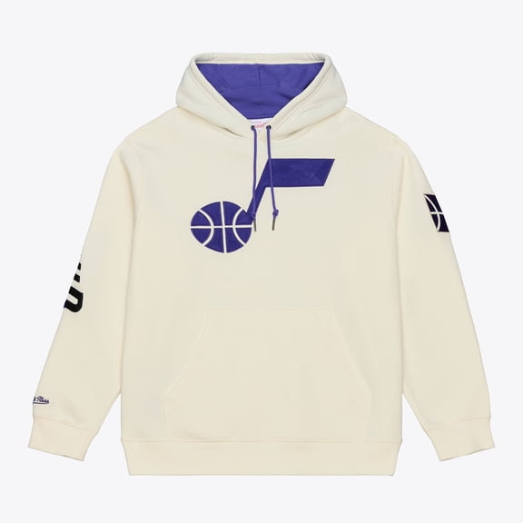 Men's Mitchell & Ness Cream Utah Jazz Hardwood Classics Chainstitch Premium Fleece Hoodie