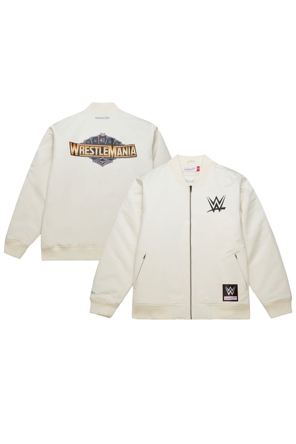 Men's Mitchell & Ness Cream WrestleMania 41 Logo Full-Zip Satin Jacket