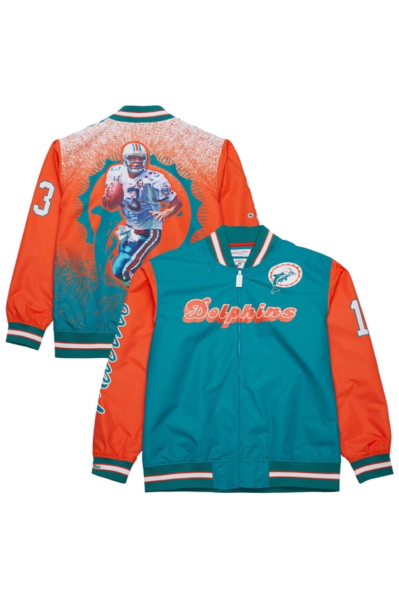 Men's Mitchell & Ness Dan Marino Aqua Miami Dolphins Retired Player Graphic Full-Zip Satin Jacket