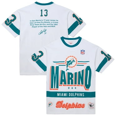 Men's-Mitchell & Ness Dan Marino White Miami Dolphins Name & Number Team Origins Vintage Logo T-Shirt