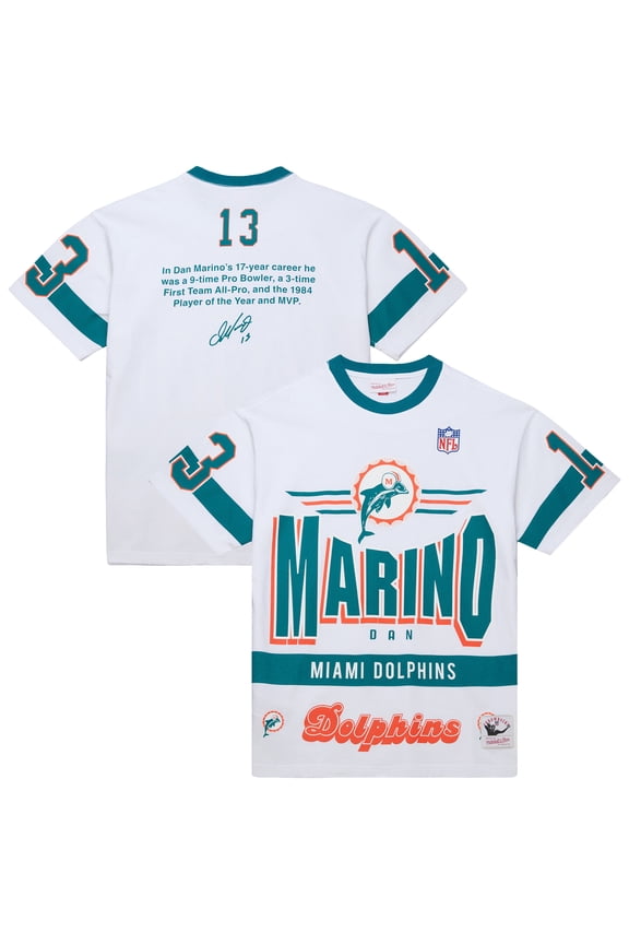 Men's-Mitchell & Ness Dan Marino White Miami Dolphins Name & Number Team Origins Vintage Logo T-Shirt