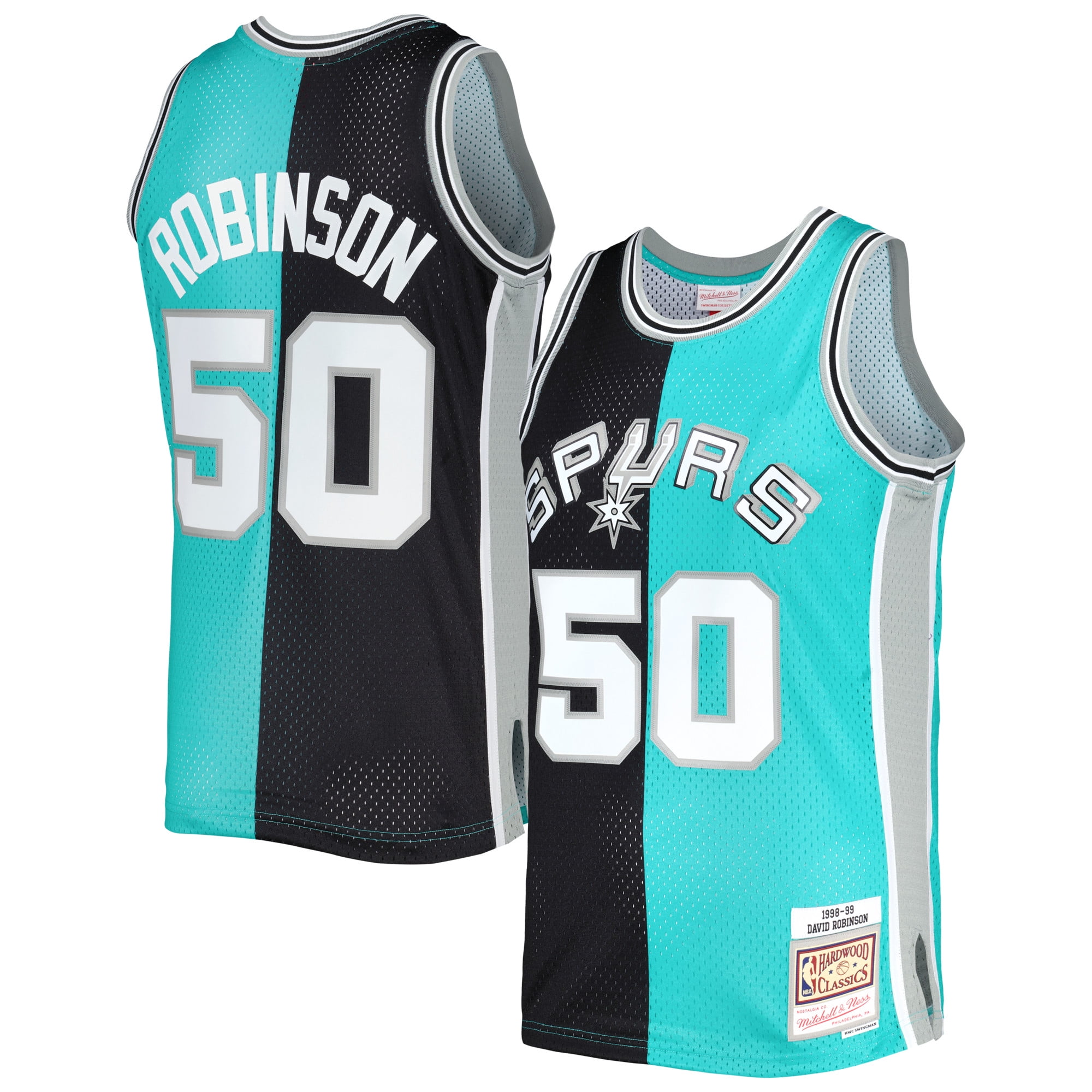 Men s Mitchell Ness David Robinson Black Teal San Antonio Spurs Hardwood Classics 1998 99 Split Swingman Jersey Walmart