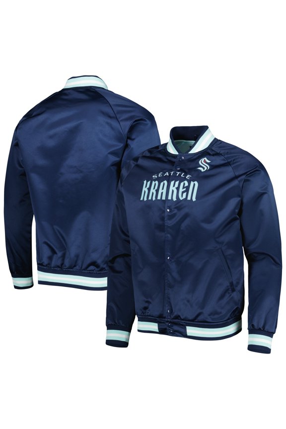 Men's Mitchell & Ness Deep Sea Blue Seattle Kraken Satin Full-Snap Raglan Varsity Jacket