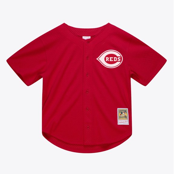 Men's Mitchell & Ness Deion Sanders Red Cincinnati Reds Cooperstown Mesh Batting Practice Button-Up Jersey