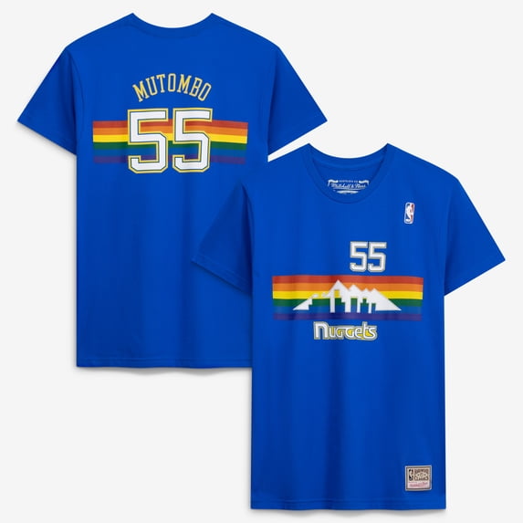 Men's Mitchell & Ness Dikembe Mutombo Royal Denver Nuggets Hardwood Classics Stitch Name & Number T-Shirt
