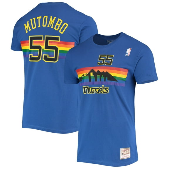 Men's Mitchell & Ness Dikembe Mutombo Royal Denver Nuggets Hardwood Classics Stitch Name & Number T-Shirt