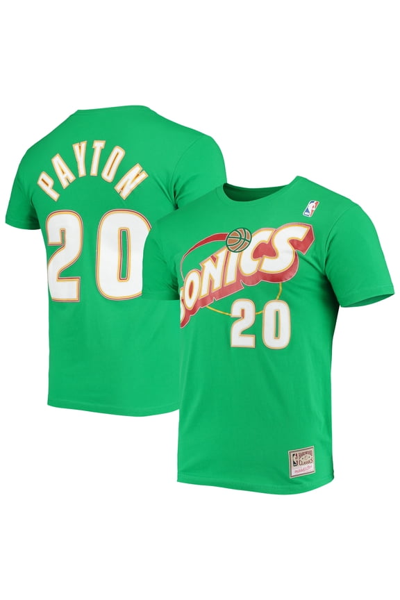 Men's Mitchell & Ness Gary Payton Green Seattle SuperSonics Hardwood Classics Stitch Player Name & Number T-Shirt