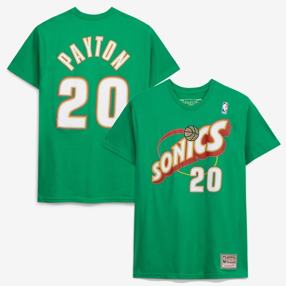 Men's Mitchell & Ness Gary Payton Green Seattle SuperSonics Hardwood Classics Stitch Player Name & Number T-Shirt