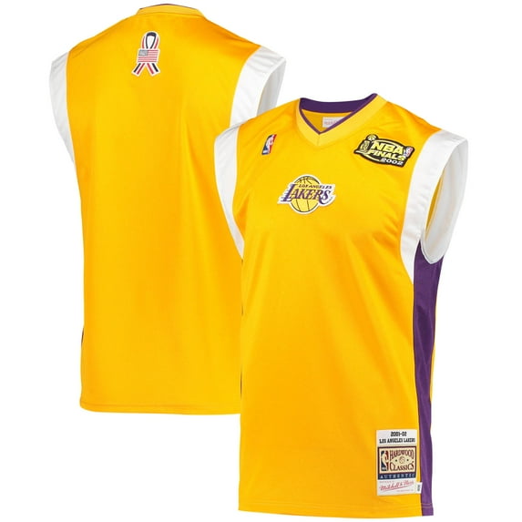 Men's Mitchell & Ness Gold Los Angeles Lakers 2002 NBA Finals Hardwood Classics On-Court Authentic Sleeveless Shooting