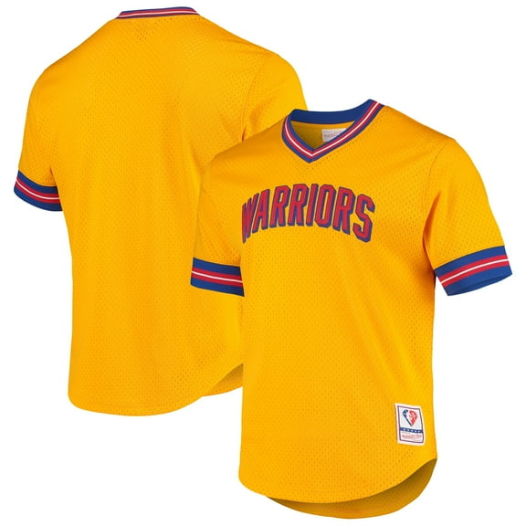 Men's Mitchell & Ness Gold San Francisco Warriors Hardwood Classics 75th Anniversary Mesh V-Neck T-Shirt