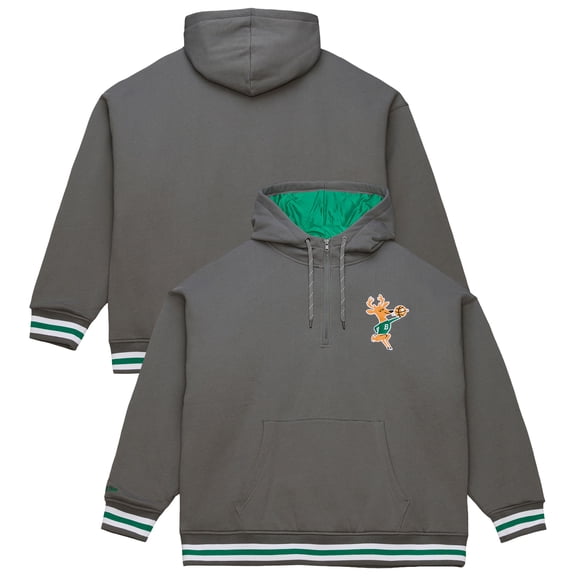 Men's Mitchell & Ness Gray Milwaukee Bucks Throw It Back Quilted Fleece Quarter-Zip Hoodie