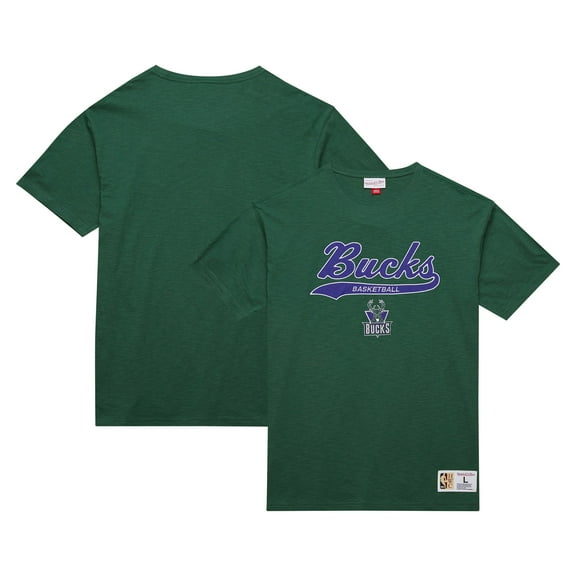 Men's Mitchell & Ness Green Milwaukee Bucks Hardwood Classics Felt Applique Slub T-Shirt