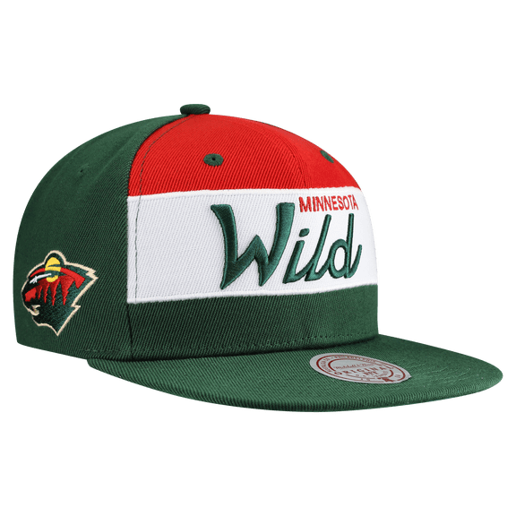 Men's Mitchell & Ness Green Minnesota Wild Retro Script Colorblock Snapback Hat
