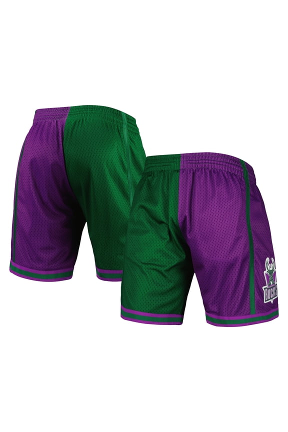 Men's Mitchell & Ness Green/Purple Milwaukee Bucks Hardwood Classics 1996 Split Swingman Shorts