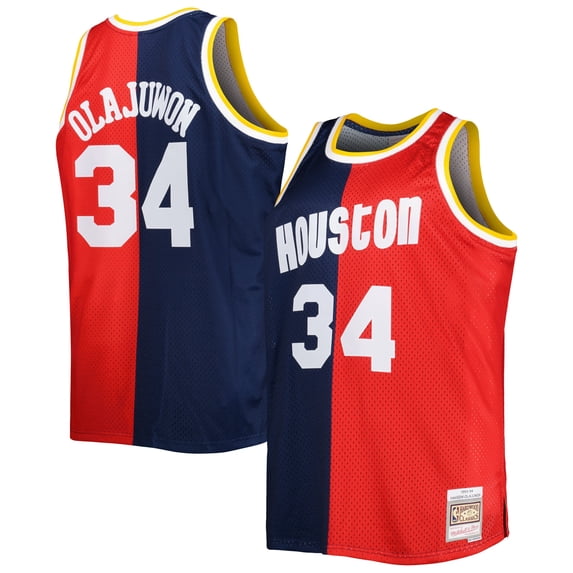 Men's Mitchell & Ness Hakeem Olajuwon Navy/Red Houston Rockets Big & Tall Hardwood Classics 1993/94 Split Swingman