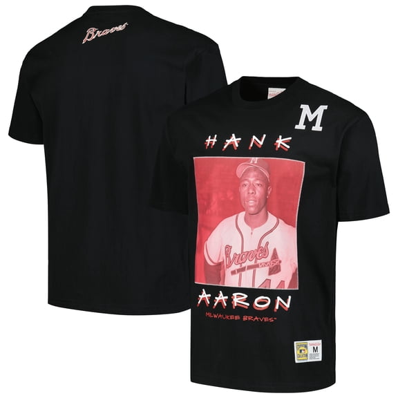 Men's Mitchell & Ness Hank Aaron Black Milwaukee Braves Cooperstown Collection Heavyweight Premium Player Vintage Logo