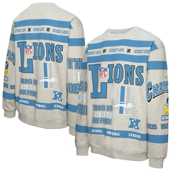 Men's Mitchell & Ness  Heather Gray Detroit Lions All Over Print Vintage Fleece Crewneck Sweatshirt
