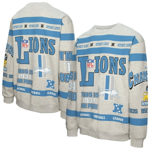 Men's Mitchell & Ness Heather Gray Detroit Lions All Over Print Vintage Fleece Crewneck Sweatshirt